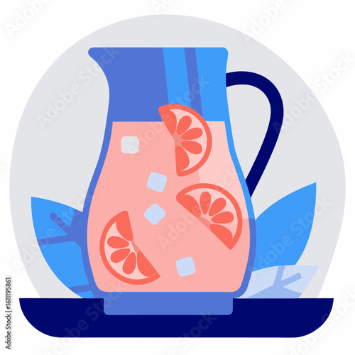 Pitcher with lemonade and sliced fruits surrounded by leaves  