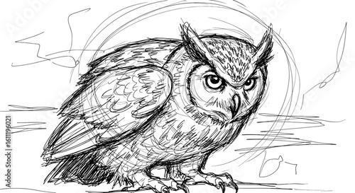 A detailed pencil sketch of a majestic great horned owl, perched intently, with dynamic background lines suggesting movement.