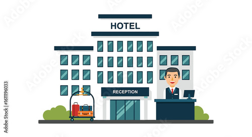 Hotel reception desk with friendly staff and luggage cart.