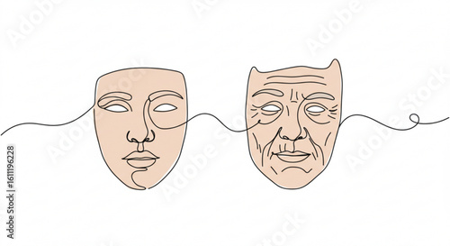 Abstract line art depicting two faces representing emotions and aging Concept of single line outline vector  