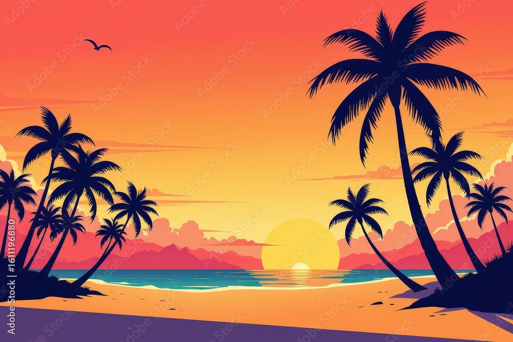 Obraz premium Tropical Sunset with Silhouetted Palm Trees and Colorful Sky