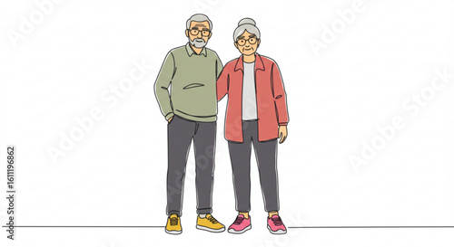 Elderly couple standing together in casual clothing on white background - Concept of single line outline vector  