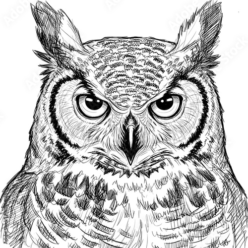 Detailed sketch of an owl's face, showcasing its piercing gaze and intricate feather patterns.
