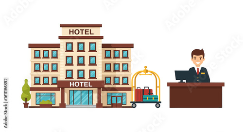 Cartoon illustration of a hotel building, luggage cart, and a friendly receptionist.