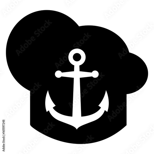 Logo restaurante. Icono con silueta de ancla de barco en sombrero de cocinero