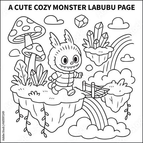 The little monster bravely explores a magical world in the sky, crossing a rope bridge between floating islands of giant mushrooms and sparkling crystals. Bold and easy coloring pages for kids, teens 