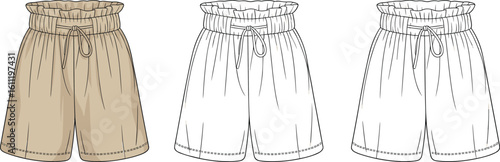 High-waisted elastic shorts fashion sketch, drawstring waistband layout, summer garment template, cad drawing flat vector illustration, stylish waisted elastic shorts fashion sketch
