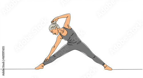 elderly gray haired woman doing yoga with side stretch in minimalist style, single line vector outline concept