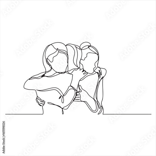 Three female friends greeting hugging each other - one line drawing. Continuous line drawing of isolated on white background friends metaphor meeting - vector file
