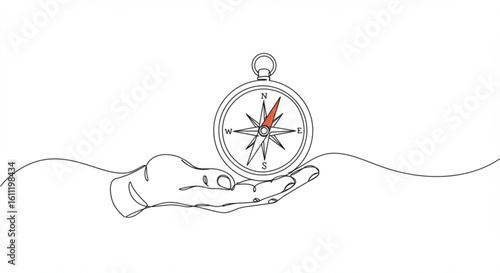 Hand holding a compass in a minimal line outline vector design  