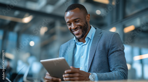 Smiling african american businessman using a tablet in a modern office environment setting
