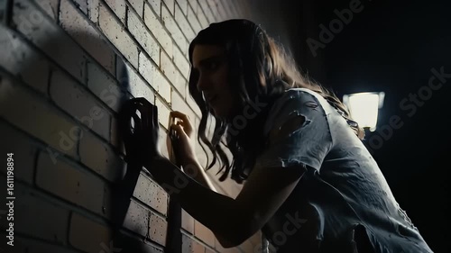 Wallpaper Mural Distressed woman leans against a brick wall under a street light at night Torontodigital.ca