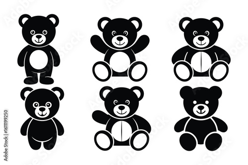 Black and White Teddy Bear Silhouette Set Vector Illustration Collection on White Background