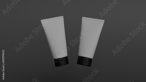 Wallpaper Mural 3D rendered image of two blank cosmetic cream or lotion tubes with black caps, floating on a dark grey background. Ideal for branding mockups, skincare product design, or beauty-related advertising. Torontodigital.ca