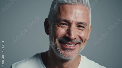 Smiling Mature Man with Gray Hair in White T Shirt Against Gray Background