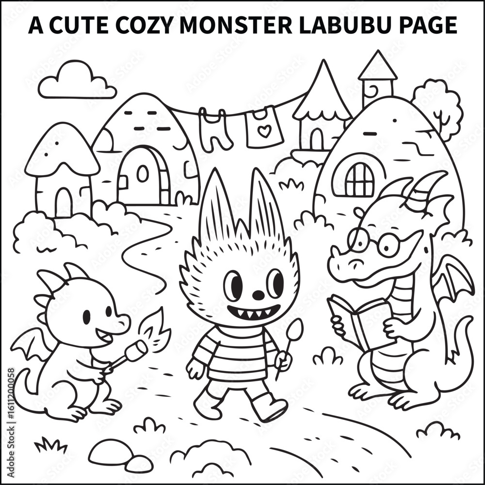 Fototapeta premium The little monster takes a pleasant stroll through his magical village, greeting his friendly dragon neighbors as they read books and roast marshmallows. Bold and easy coloring pages for kids a teens.