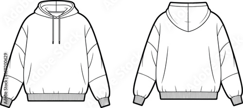 Hoodie sweatshirt vector, flat design illustration, casual clothing outline, pullover with hood, ribbed cuffs and hem, drawstring detail, front and back view