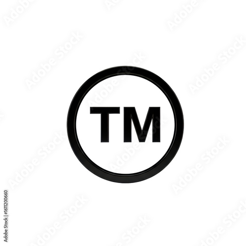 Bold black 'TM' symbol, sans-serif, centered in thick black circular border with sharp contours, isolated on transparent, sterile, high-key studio background, shallow depth of field, even lighting, no