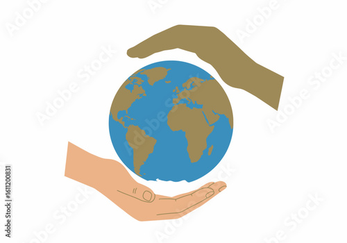 Illustrated Earth Globe Protected by Diverse Hands, Symbolizing Global Unity