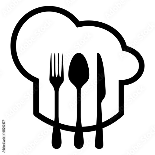 Logo restaurante. Icono con sombrero de chef con líneas y cubiertos 