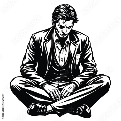 Sketch of a Man Sitting Pensively on an Isolated White Background