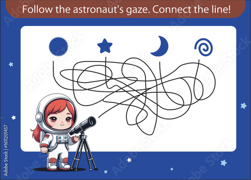 Logic puzzle for kids, with a  astronaut girl looking through a telescope towards space objects (sun, star, moon, spiral).  Vector template  ideal for paper educational games