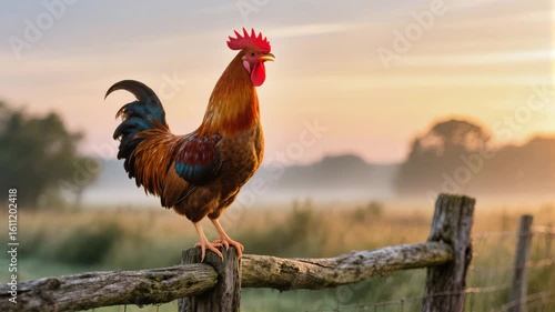 Vibrant rooster stands on a rustic fence, crowing at sunrise in a misty rural landscape. Farm morning scene. Peaceful countryside moment.