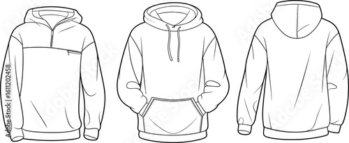 CAD drawing flat vector illustration of hoodie designs, front and back views, garment technical sketch, seam detail, fashion template, stylish outerwear apparel design, clothing layout