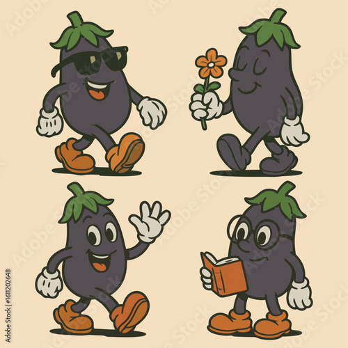 Charming retro eggplant mascot illustrations, diverse personalities, nostalgic design elements