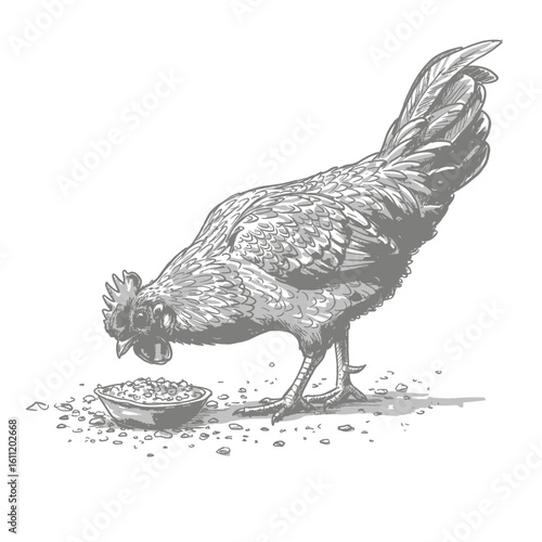 A detailed sketch of a chicken with intricate feather patterns pecking at food inside a bowl. The scene captures a typical farm setting with a focus on the chicken's natural behavior.