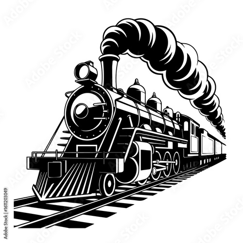 Vintage steam locomotive chugging along railway tracks emitting thick plumes of black smoke against a stark white background in a classic black and white illustration
