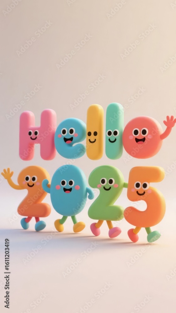 Obraz premium Colorful anthropomorphic letters spelling 'Hello' with expressive faces and arms raised