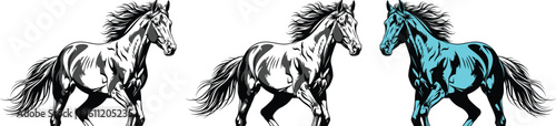 Monochrome illustration of a horse running with flowing mane and tail on a white background