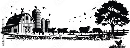 A black and white silhouette of a farm with cows, a barn, and a tree in a rural landscape view