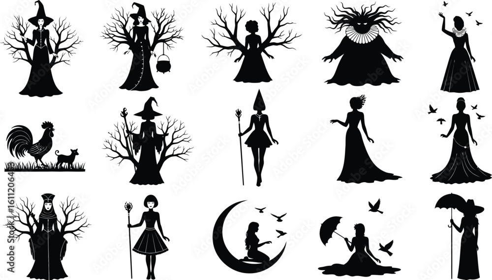 Naklejka premium Silhouettes of witches, women, and animals in various poses and settings in black and white design