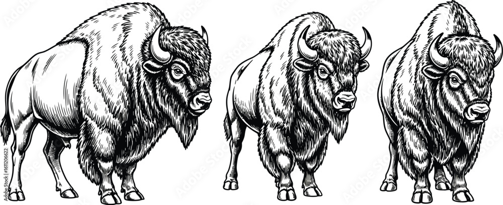Obraz premium Three bison illustrations in black and white showcasing different angles and perspectives of the animal
