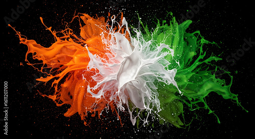 Fototapeta Naklejka Na Ścianę i Meble -  Abstract splash of orange white and green liquid paint in a dynamic energetic explosion. 4k Background Wallpaper