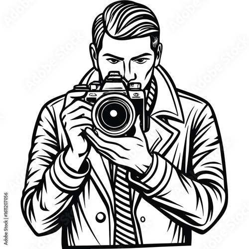 White Background Sketch of a Photographer with Camera
