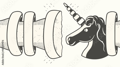 Stylized unicorn head emerging from a torn scroll with a decorative horn and flowing mane design element silhouette