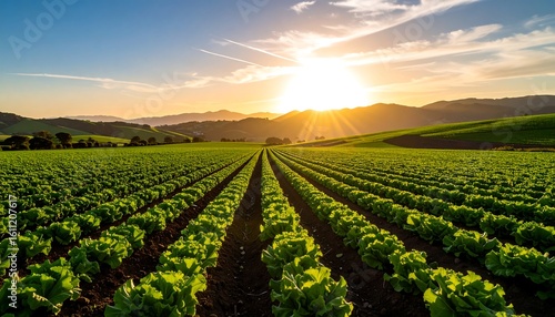 Picturesque Lettuce Field at Sunset: A Golden Harvest Landscape Scenery