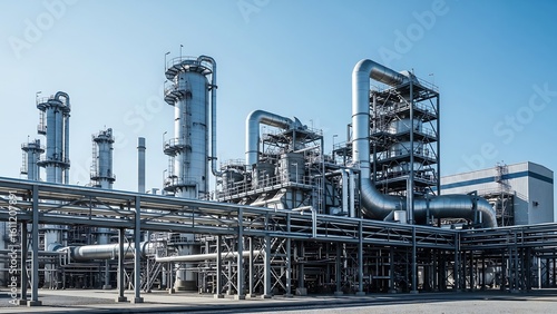 A large industrial chemical plant with intricate piping and towering structures under a clear blue sky, symbolizing heavy industry, energy production, and manufacturing.