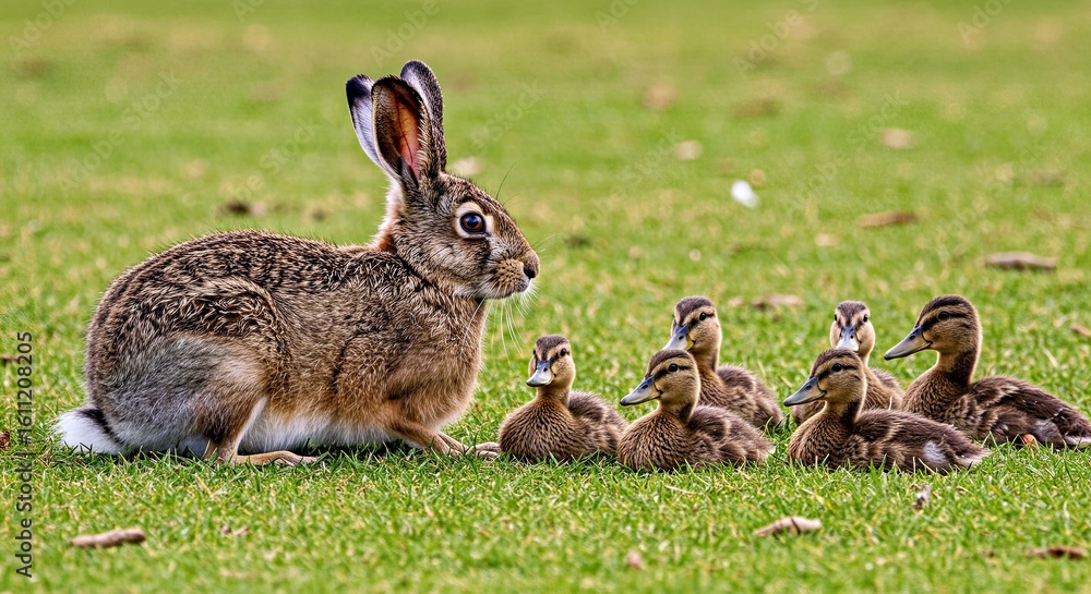 Fototapeta premium Woodland Companions Hare and Duck Family Resting Together