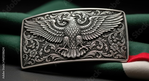 An intricately designed silver belt buckle featuring a majestic eagle with spread wings, set against a backdrop of rich green fabric