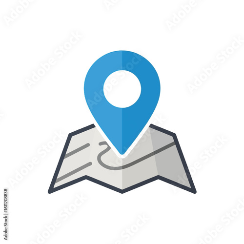 A stylized blue location pin placed on top of a folded map illustration.