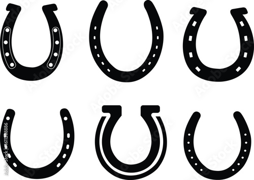 horseshoe set stock illustration. horseshoe depicted in solid black with a bright white background. The horseshoe is a symbol of luck.