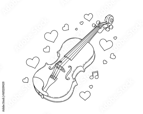 Elegant violin with swirling hearts and musical notes evokes passion and romance for a beautiful artistic expression.