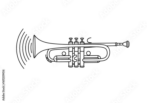 Crisp trumpet sound waves emanate from classic brass instrument outline in dynamic musical illustration