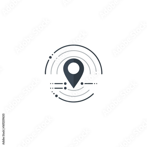 A stylized location pin icon surrounded by concentric circles and dashed lines indicating signal or connection.