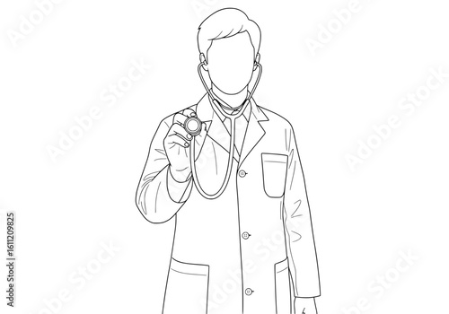 Confident doctor holding stethoscope ready for patient care, promoting health and wellness