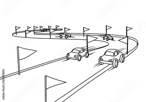 Dynamic race cars speed along a winding track with flags marking the competitive course